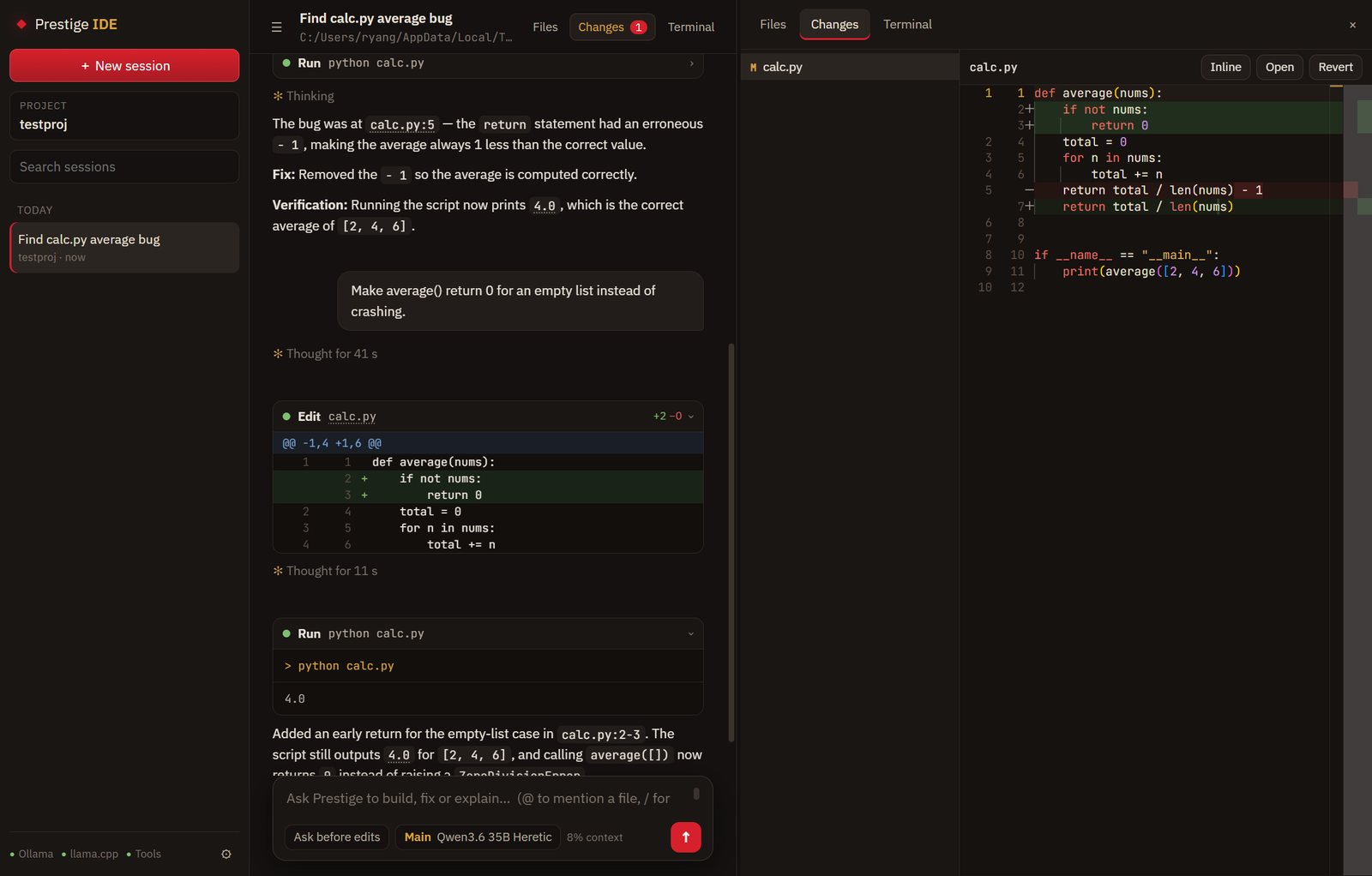 Prestige IDE fixing a bug with a local model: tool cards, a diff, and the Changes pane